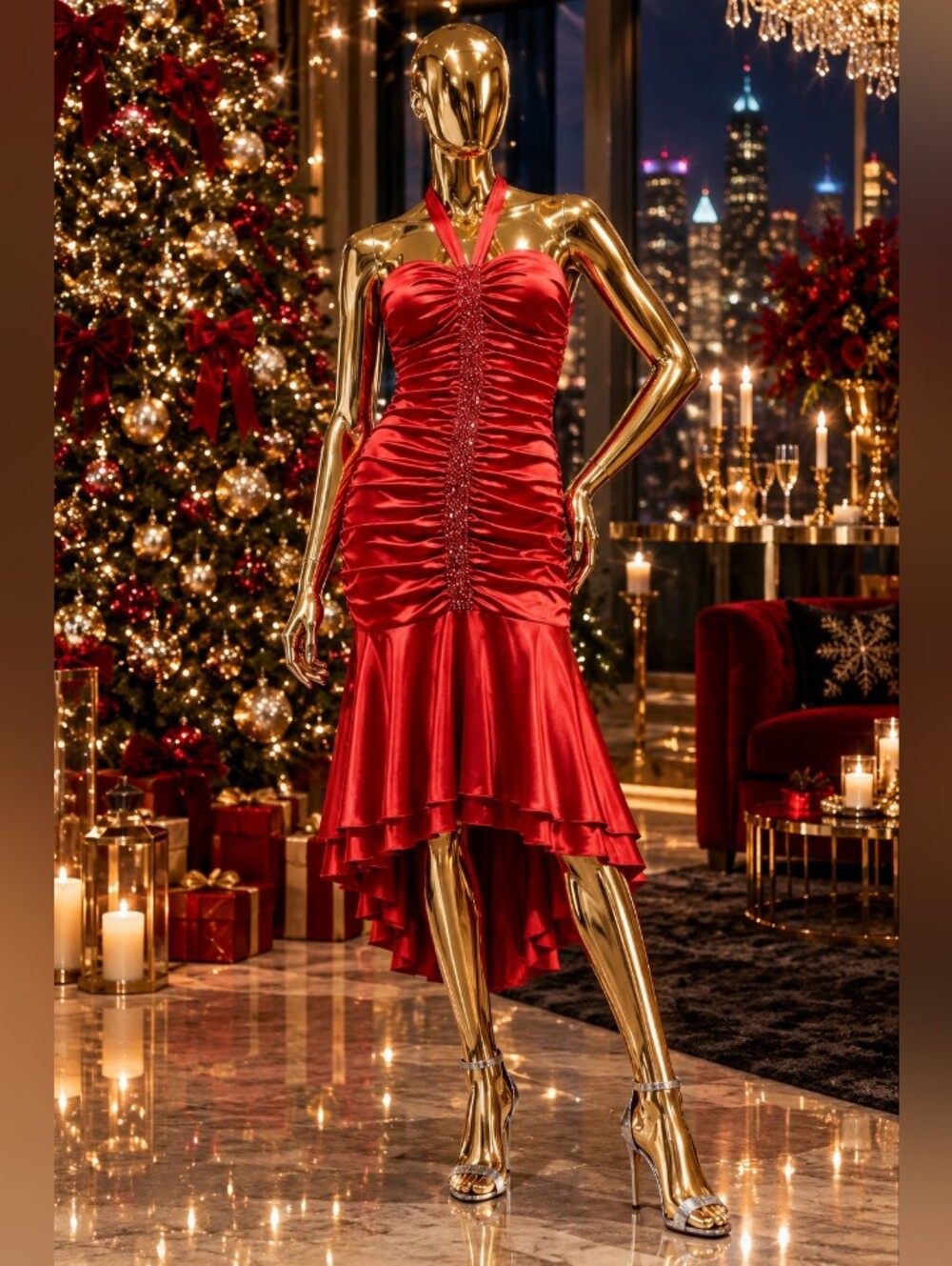 Vintage Red Ruched Halter Satin High-Low Dress